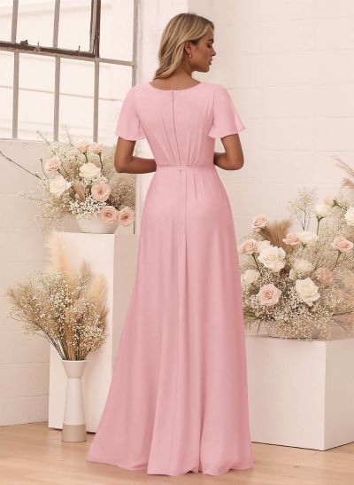 Elegant V-Neck Flutter Sleeve Floor-Length Chiffon Bridesmaid With Split Front
