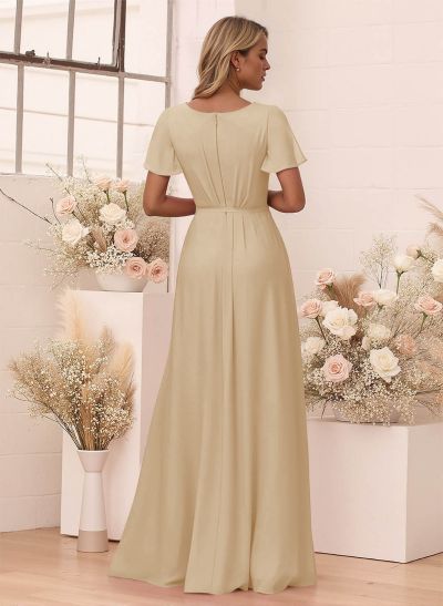Elegant V-Neck Flutter Sleeve Floor-Length Chiffon Bridesmaid With Split Front