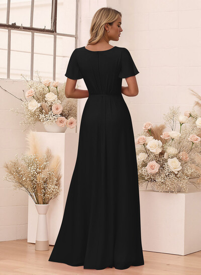 Elegant V-Neck Flutter Sleeve Floor-Length Chiffon Bridesmaid With Split Front
