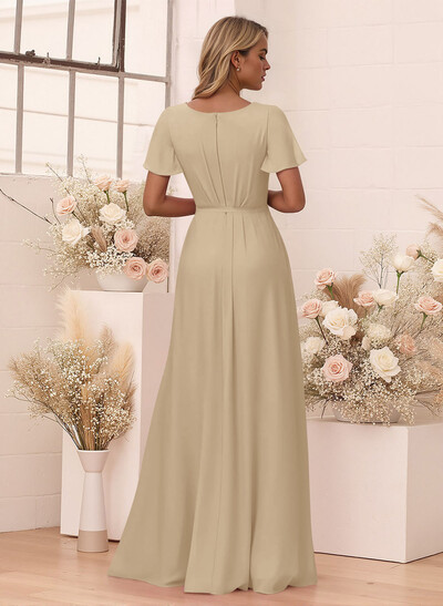 Elegant V-Neck Flutter Sleeve Floor-Length Chiffon Bridesmaid With Split Front