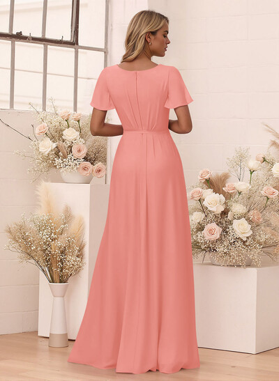 Elegant V-Neck Flutter Sleeve Floor-Length Chiffon Bridesmaid With Split Front
