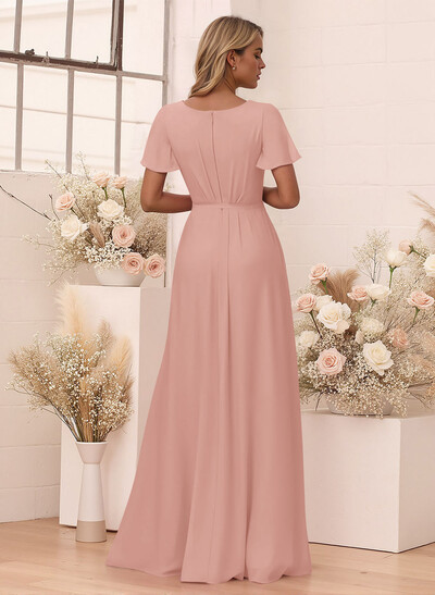 Elegant V-Neck Flutter Sleeve Floor-Length Chiffon Bridesmaid With Split Front