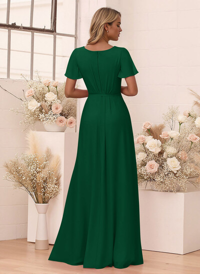 Elegant V-Neck Flutter Sleeve Floor-Length Chiffon Bridesmaid With Split Front