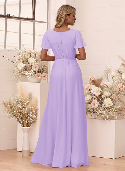 Elegant V-Neck Flutter Sleeve Floor-Length Chiffon Bridesmaid With Split Front