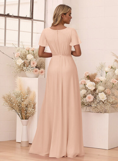Elegant V-Neck Flutter Sleeve Floor-Length Chiffon Bridesmaid With Split Front