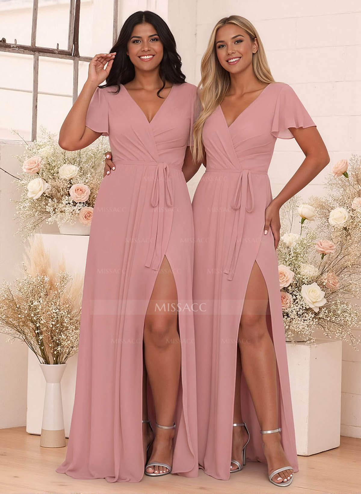 Elegant V-Neck Flutter Sleeve Floor-Length Chiffon Bridesmaid With Split Front
