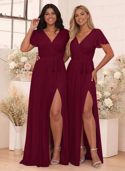 Elegant V-Neck Flutter Sleeve Floor-Length Chiffon Bridesmaid With Split Front