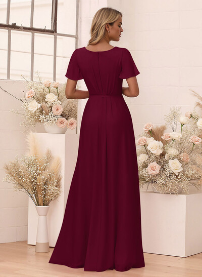 Elegant V-Neck Flutter Sleeve Floor-Length Chiffon Bridesmaid With Split Front