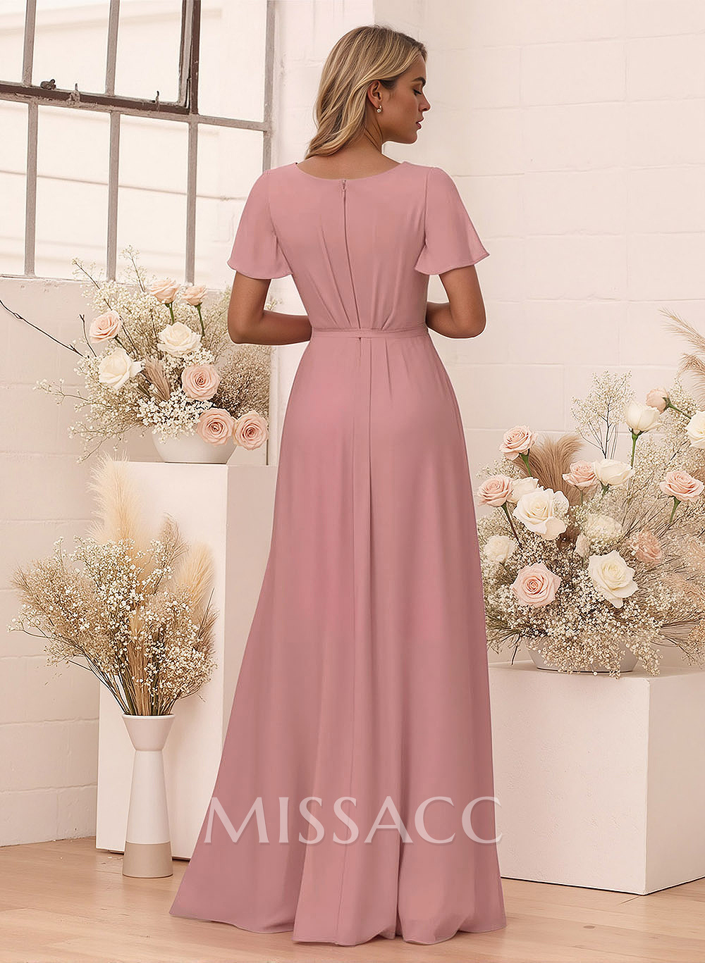 Elegant V-Neck Flutter Sleeve Floor-Length Chiffon Bridesmaid With Split Front Elegant V-Neck Flutter Sleeve Floor-Length Chiffon Bridesmaid With Split Front