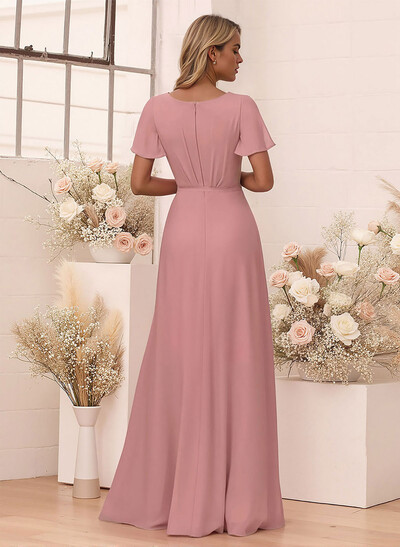 Elegant V-Neck Flutter Sleeve Floor-Length Chiffon Bridesmaid With Split Front