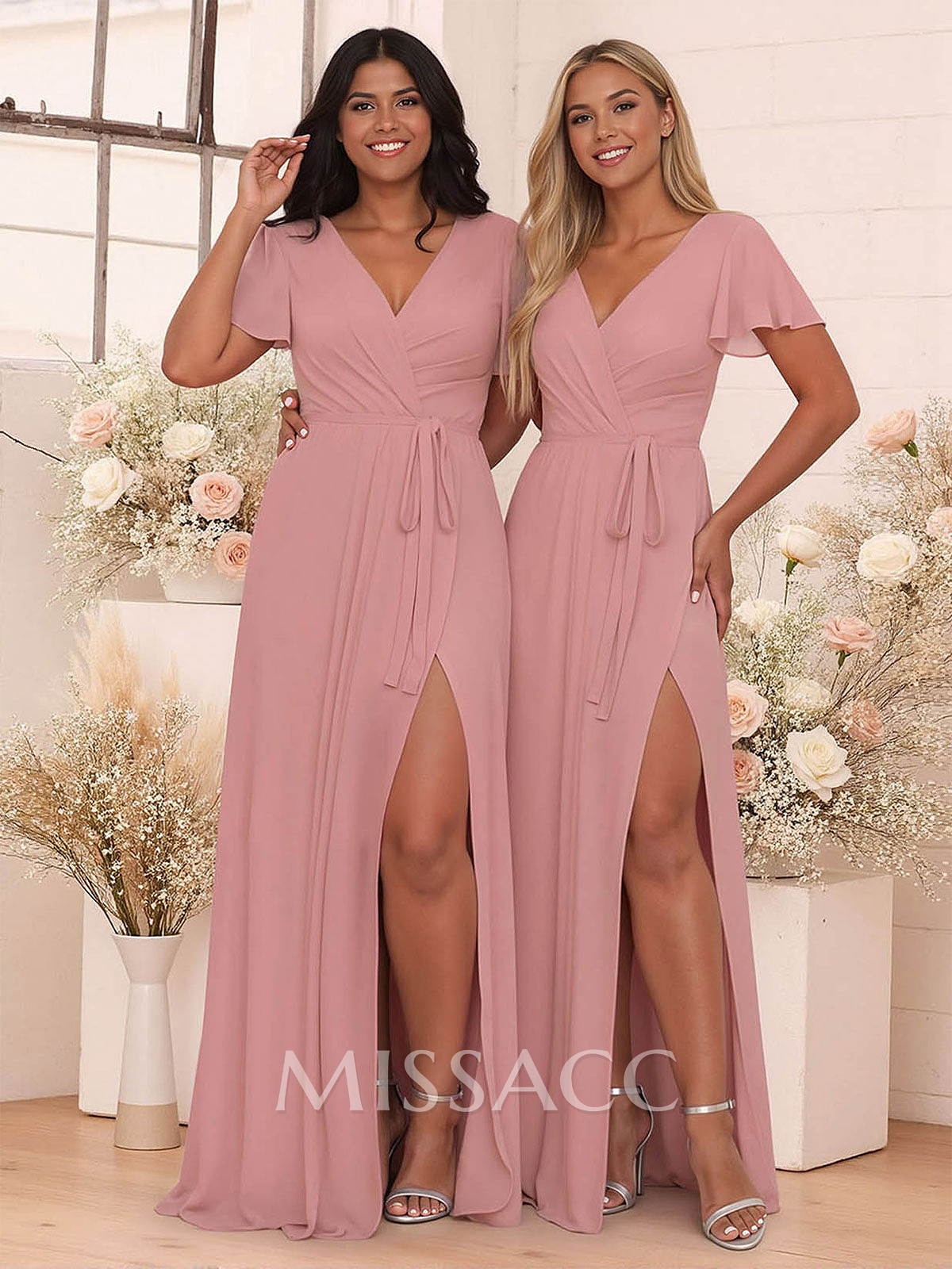 Elegant V-Neck Flutter Sleeve Floor-Length Chiffon Bridesmaid With Split Front