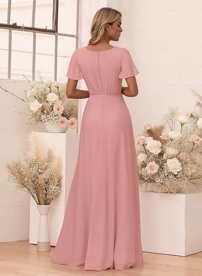 Elegant V-Neck Flutter Sleeve Floor-Length Chiffon Bridesmaid With Split Front