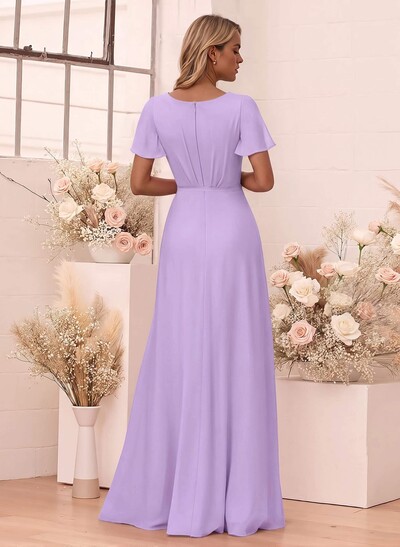 Elegant V-Neck Flutter Sleeve Floor-Length Chiffon Bridesmaid With Split Front