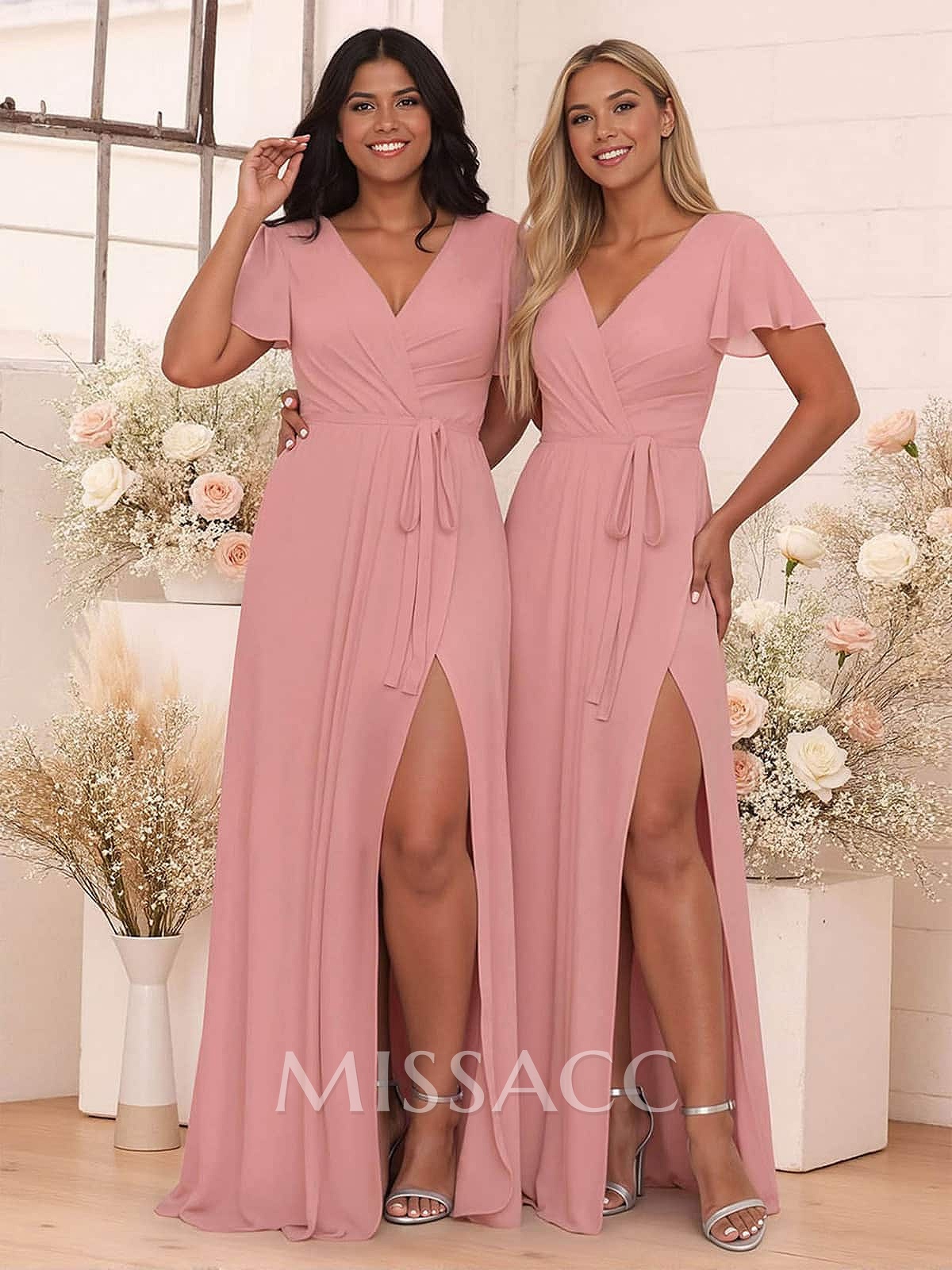 Elegant V-Neck Flutter Sleeve Floor-Length Chiffon Bridesmaid With Split Front