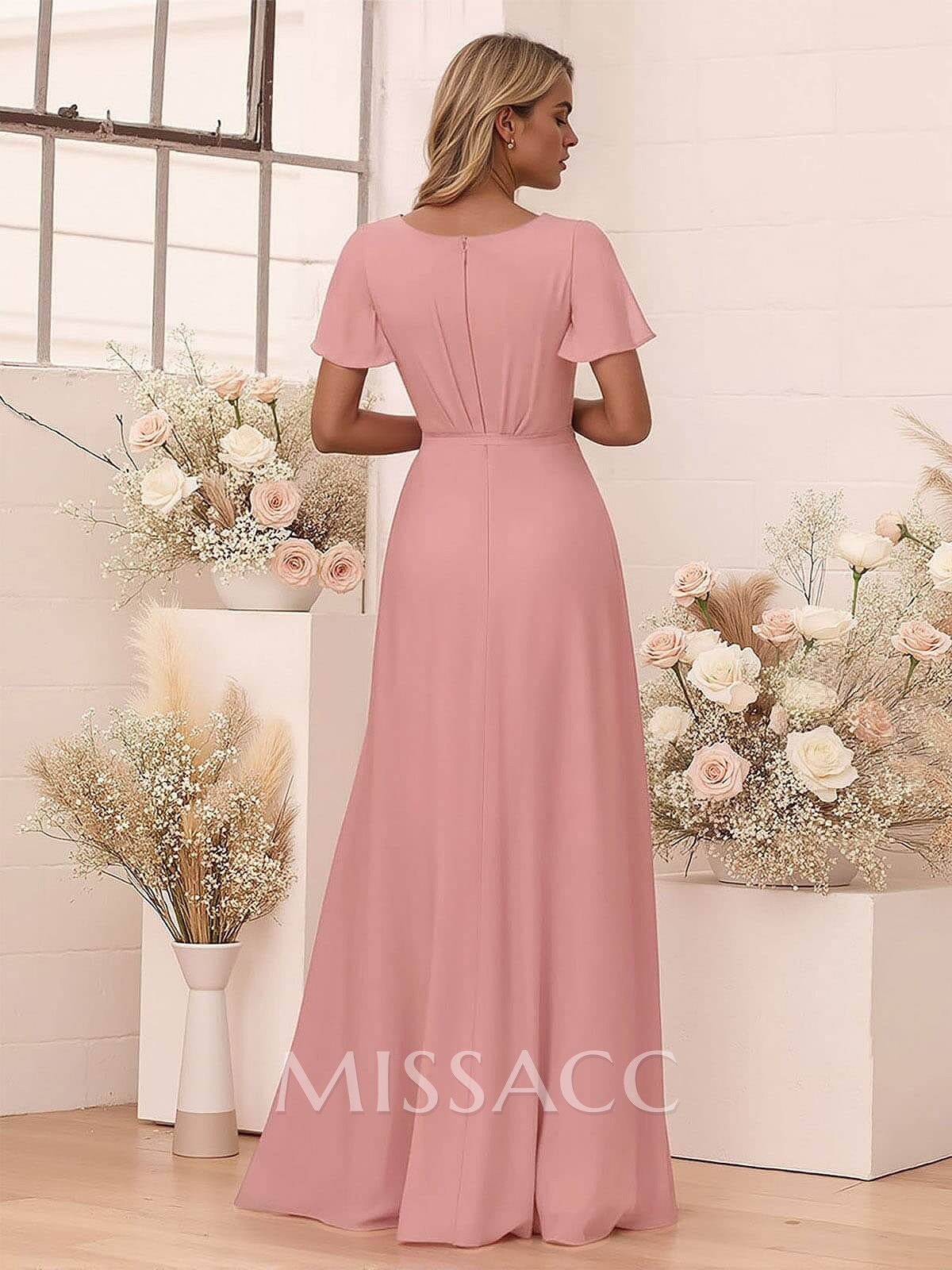 Elegant V-Neck Flutter Sleeve Floor-Length Chiffon Bridesmaid With Split Front