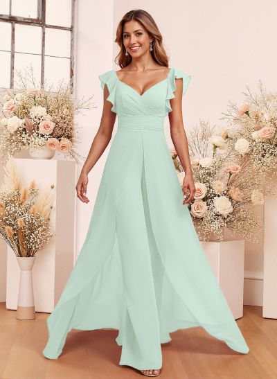 Elegant V-Neck Overskirt Floor-Length Chiffon Bridesmaid Jumpsuit/Pantsuit