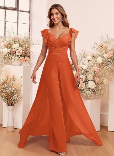 Elegant V-Neck Overskirt Floor-Length Chiffon Bridesmaid Jumpsuit/Pantsuit