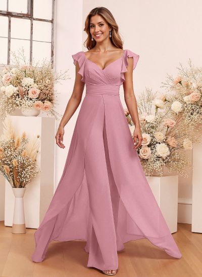 Elegant V-Neck Overskirt Floor-Length Chiffon Bridesmaid Jumpsuit/Pantsuit