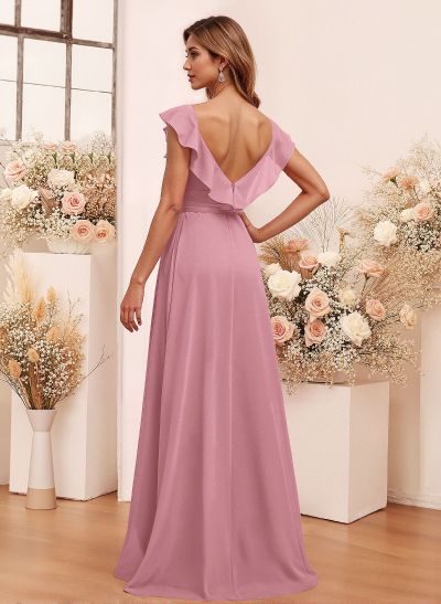 Elegant V-Neck Overskirt Floor-Length Chiffon Bridesmaid Jumpsuit/Pantsuit