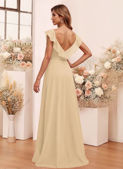 Elegant V-Neck Overskirt Floor-Length Chiffon Bridesmaid Jumpsuit/Pantsuit