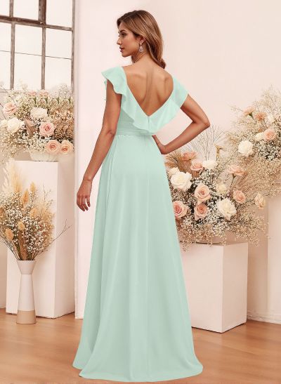 Elegant V-Neck Overskirt Floor-Length Chiffon Bridesmaid Jumpsuit/Pantsuit