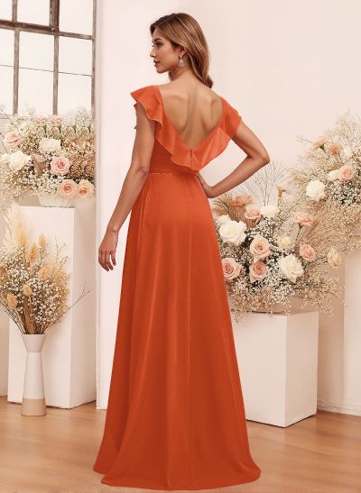 Elegant V-Neck Overskirt Floor-Length Chiffon Bridesmaid Jumpsuit/Pantsuit