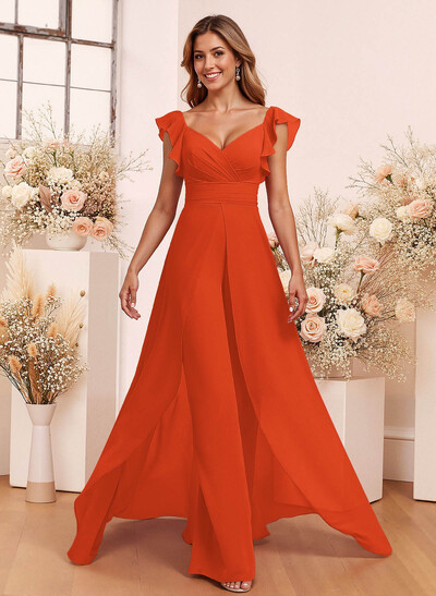 Elegant V-Neck Overskirt Floor-Length Chiffon Bridesmaid Jumpsuit/Pantsuit