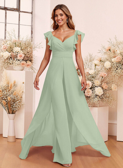 Elegant V-Neck Overskirt Floor-Length Chiffon Bridesmaid Jumpsuit/Pantsuit