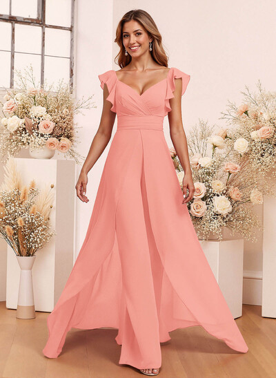 Elegant V-Neck Overskirt Floor-Length Chiffon Bridesmaid Jumpsuit/Pantsuit