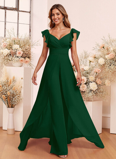 Elegant V-Neck Overskirt Floor-Length Chiffon Bridesmaid Jumpsuit/Pantsuit