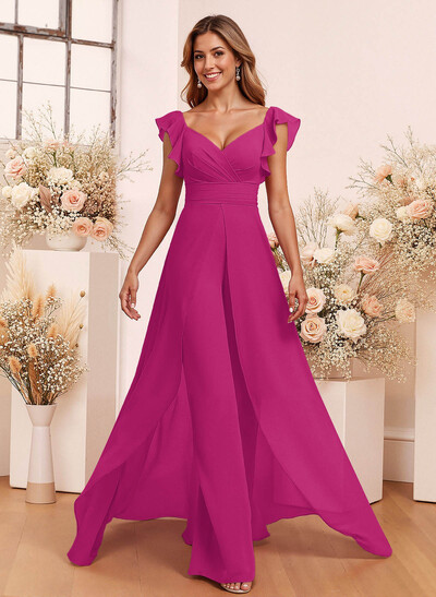 Elegant V-Neck Overskirt Floor-Length Chiffon Bridesmaid Jumpsuit/Pantsuit