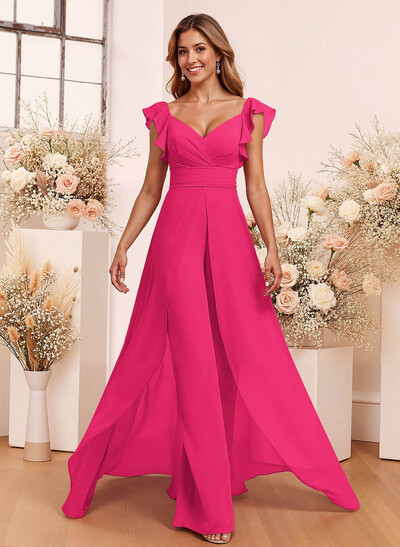 Elegant V-Neck Overskirt Floor-Length Chiffon Bridesmaid Jumpsuit/Pantsuit