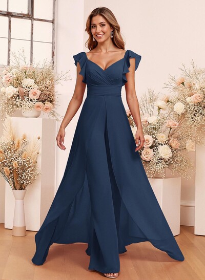 Elegant V-Neck Overskirt Floor-Length Chiffon Bridesmaid Jumpsuit/Pantsuit