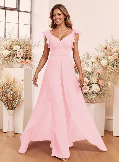 Elegant V-Neck Overskirt Floor-Length Chiffon Bridesmaid Jumpsuit/Pantsuit