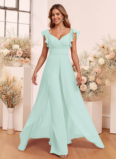 Elegant V-Neck Overskirt Floor-Length Chiffon Bridesmaid Jumpsuit/Pantsuit