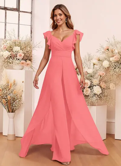 Elegant V-Neck Overskirt Floor-Length Chiffon Bridesmaid Jumpsuit
