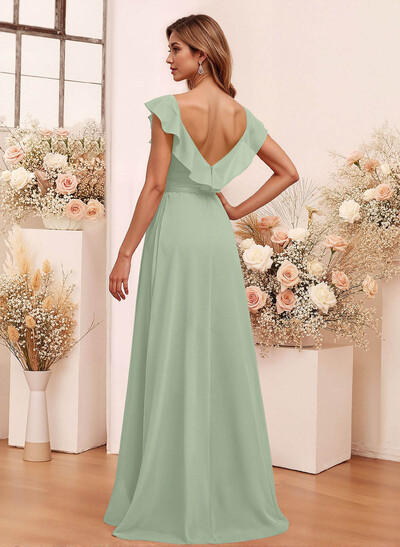 Elegant V-Neck Overskirt Floor-Length Chiffon Bridesmaid Jumpsuit/Pantsuit