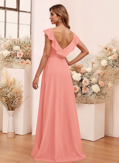 Elegant V-Neck Overskirt Floor-Length Chiffon Bridesmaid Jumpsuit/Pantsuit