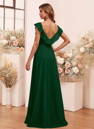 Elegant V-Neck Overskirt Floor-Length Chiffon Bridesmaid Jumpsuit/Pantsuit