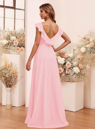 Elegant V-Neck Overskirt Floor-Length Chiffon Bridesmaid Jumpsuit/Pantsuit