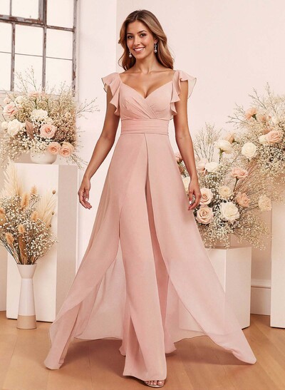 Elegant V-Neck Overskirt Floor-Length Chiffon Bridesmaid Jumpsuit/Pantsuit