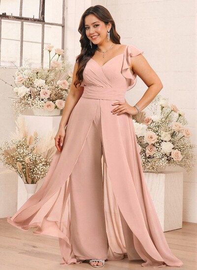 Elegant V-Neck Overskirt Floor-Length Chiffon Bridesmaid Jumpsuit/Pantsuit