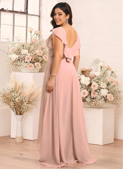 Elegant V-Neck Overskirt Floor-Length Chiffon Bridesmaid Jumpsuit/Pantsuit