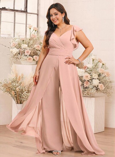 Elegant V-Neck Overskirt Floor-Length Chiffon Bridesmaid Jumpsuit/Pantsuit