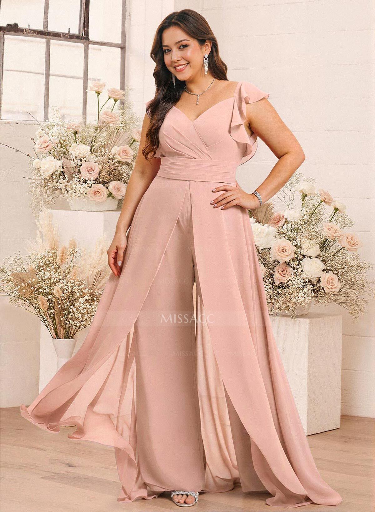 Elegant V-Neck Overskirt Floor-Length Chiffon Bridesmaid Jumpsuit/Pantsuit