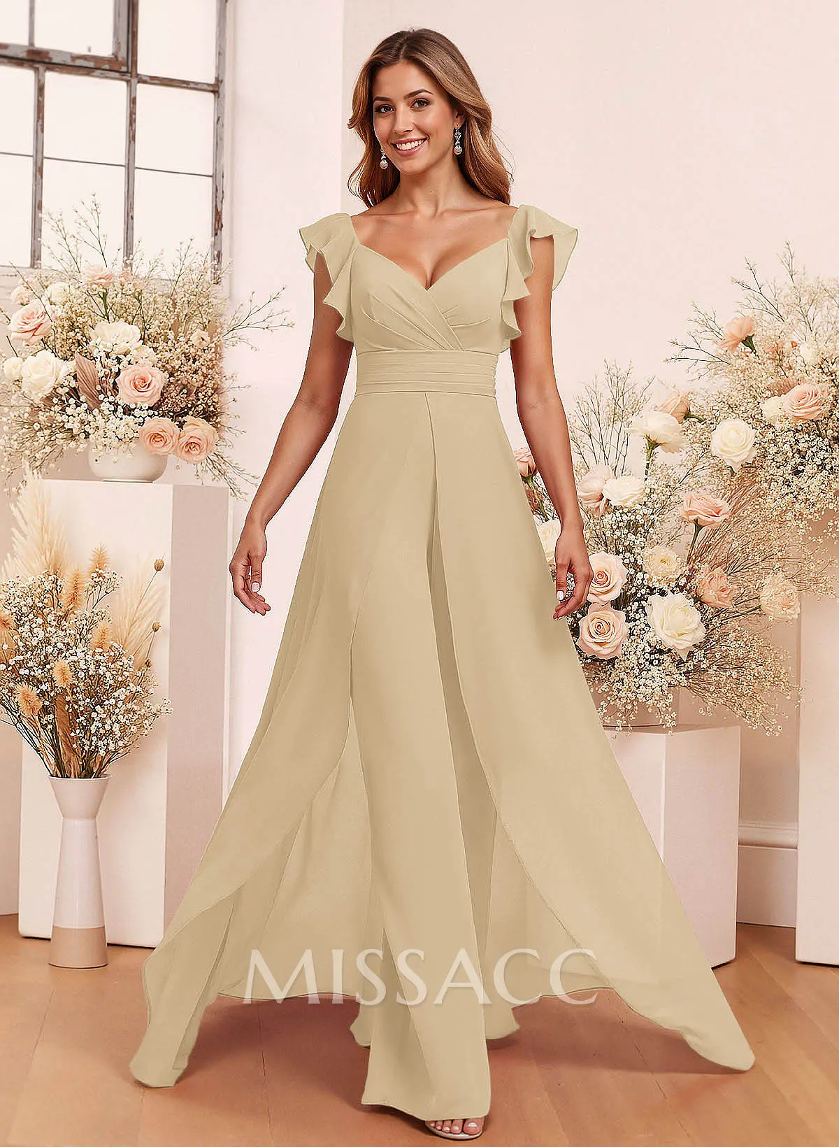 Elegant V-Neck Overskirt Floor-Length Chiffon Bridesmaid Jumpsuit