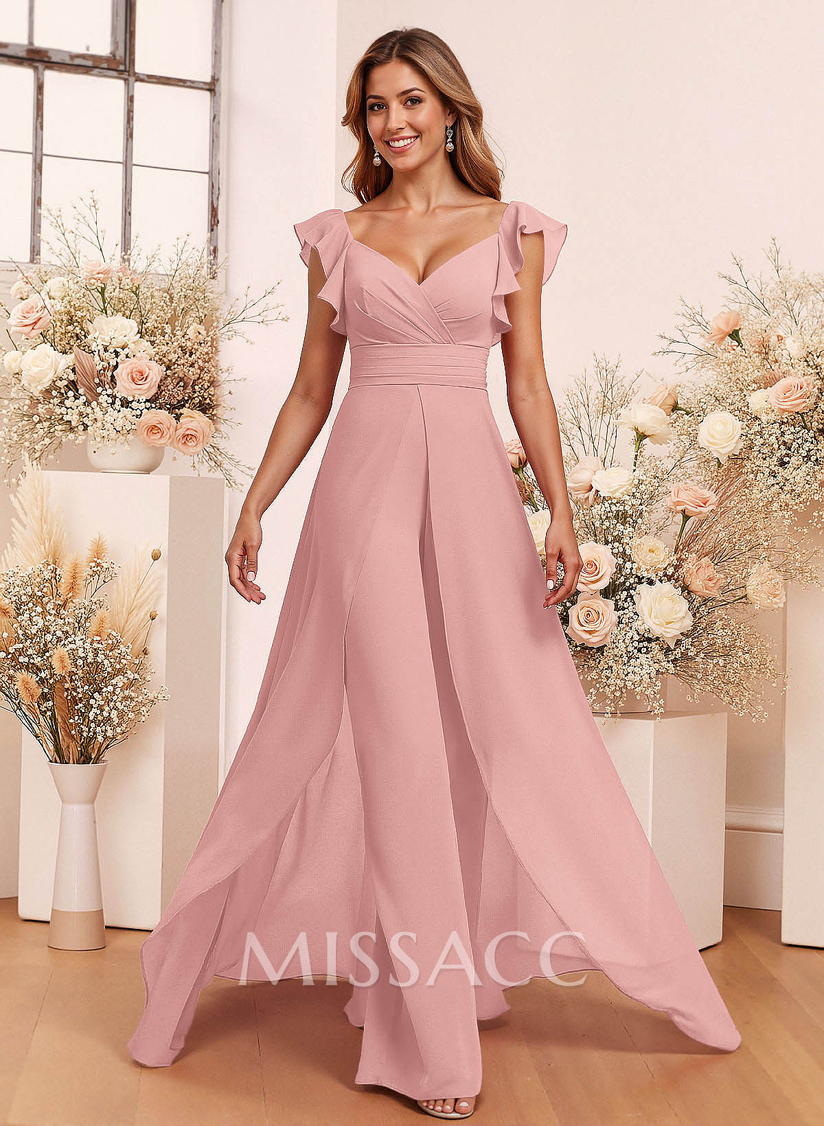 Elegant V-Neck Overskirt Floor-Length Chiffon Bridesmaid Jumpsuit/Pantsuit Elegant V-Neck Overskirt Floor-Length Chiffon Bridesmaid Jumpsuit/Pantsuit