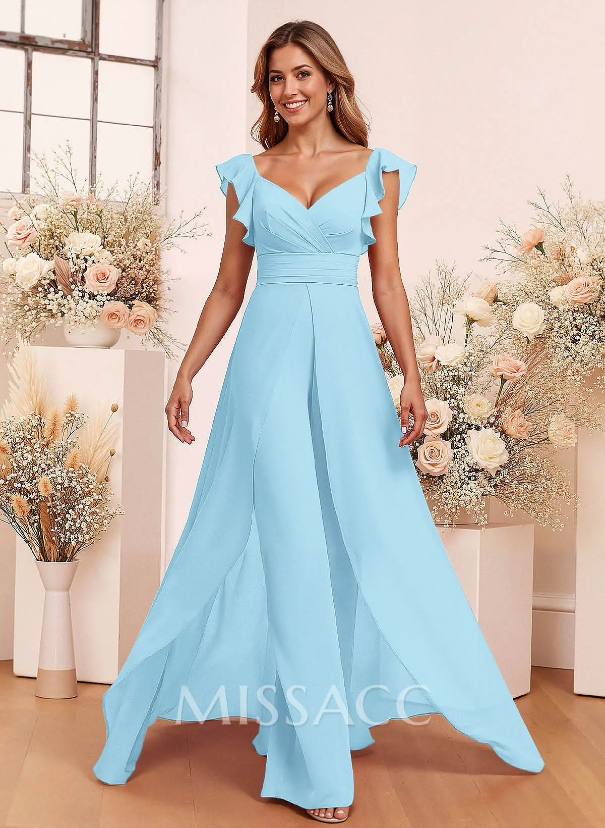 Elegant V-Neck Overskirt Floor-Length Chiffon Bridesmaid Jumpsuit