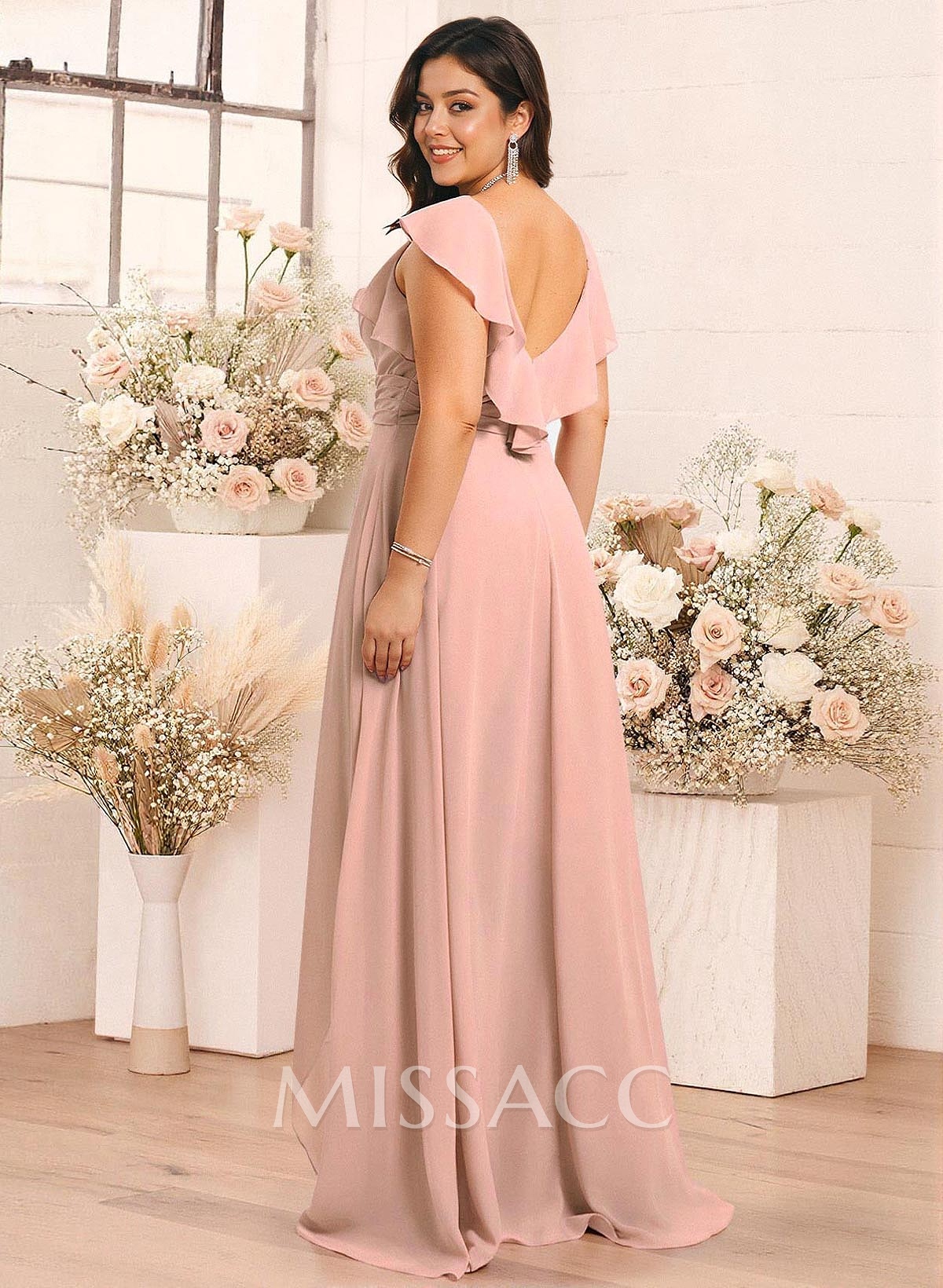 Elegant V-Neck Overskirt Floor-Length Chiffon Bridesmaid Jumpsuit/Pantsuit