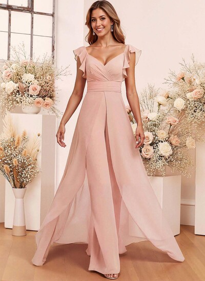 Elegant V-Neck Overskirt Floor-Length Chiffon Bridesmaid Jumpsuit/Pantsuit